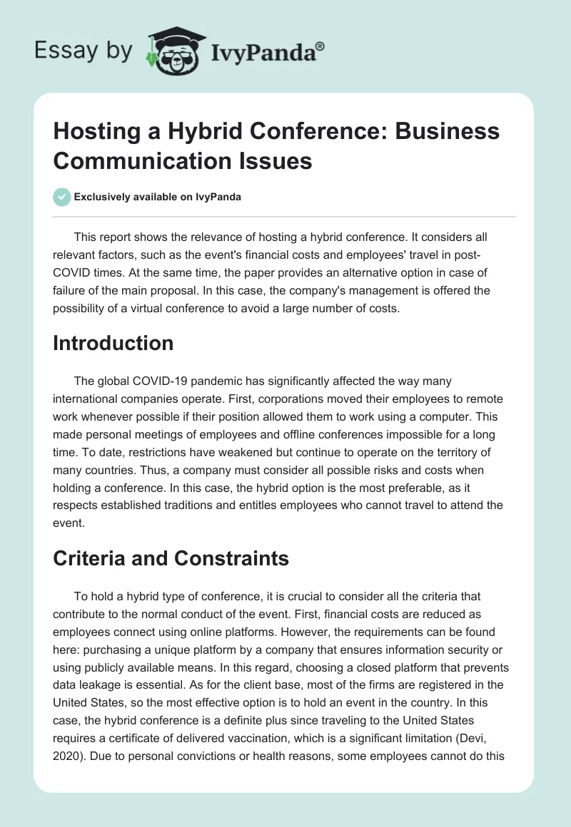 Hosting a Hybrid Conference: Business Communication Issues. Page 1