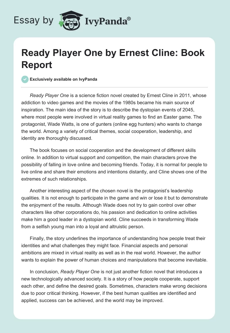 "Ready Player One" by Ernest Cline: Book Report. Page 1