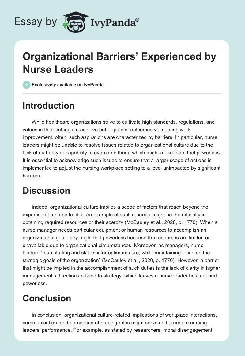 Organizational Barriers’ Experienced by Nurse Leaders. Page 1