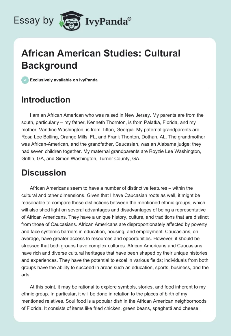 African American Studies: Cultural Background. Page 1
