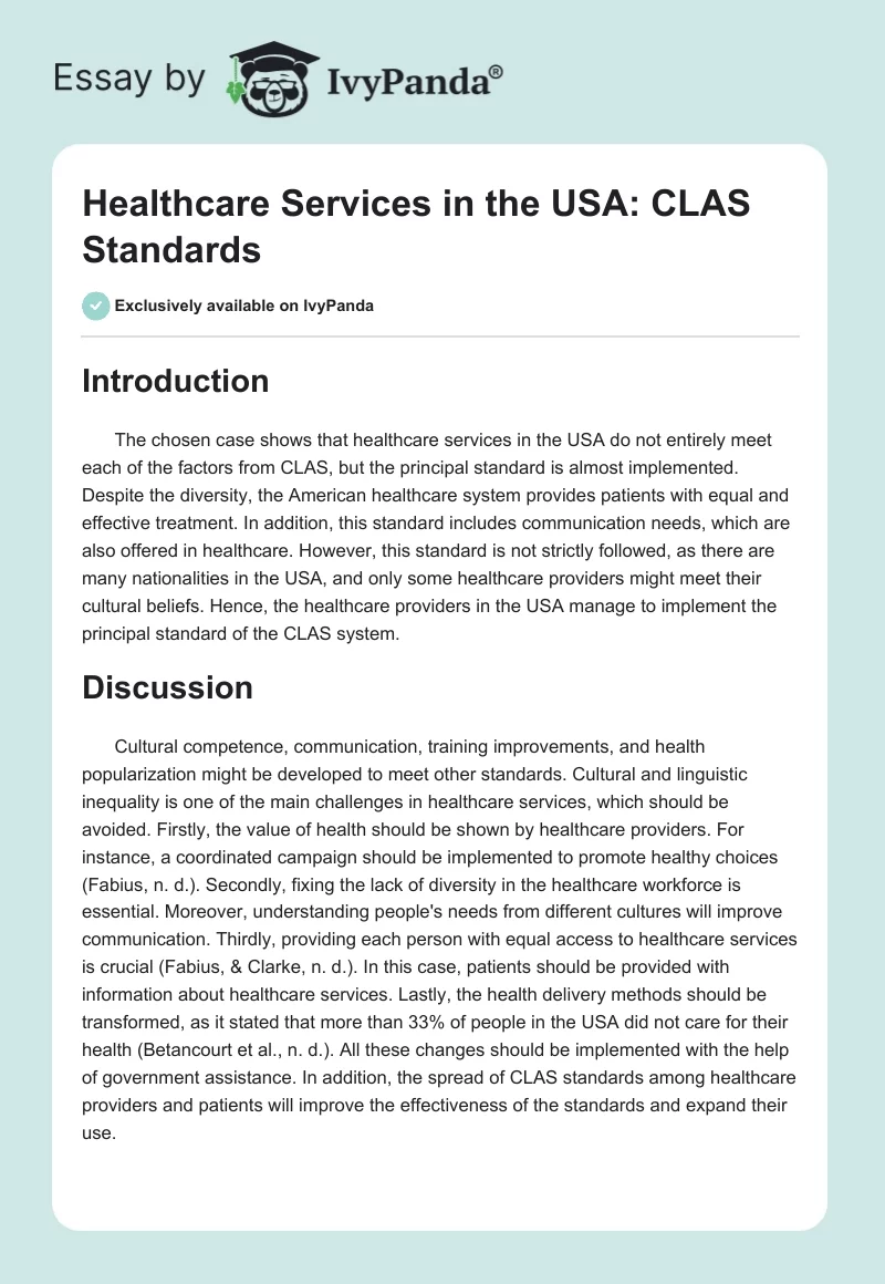Healthcare Services in the USA: CLAS Standards. Page 1