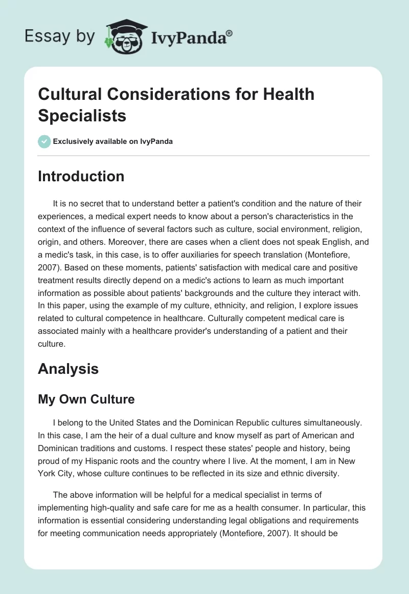 Cultural Considerations for Health Specialists. Page 1
