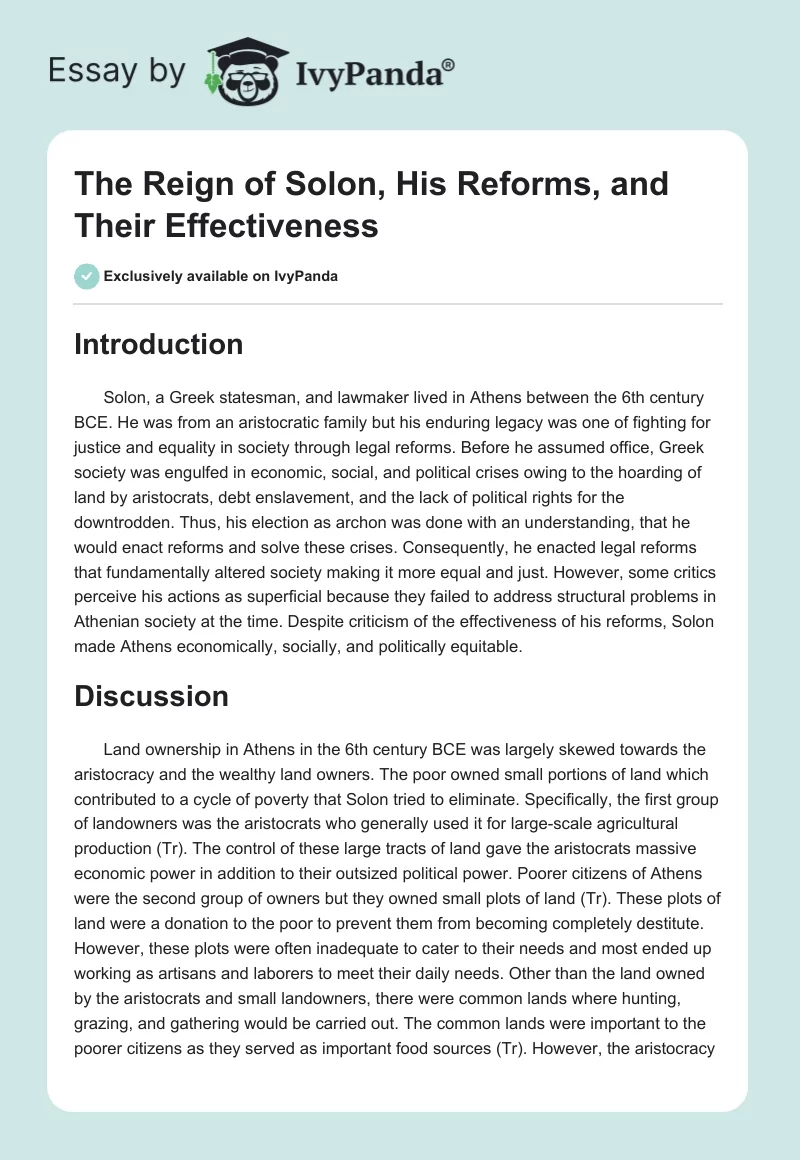 The Reign of Solon, His Reforms, and Their Effectiveness. Page 1
