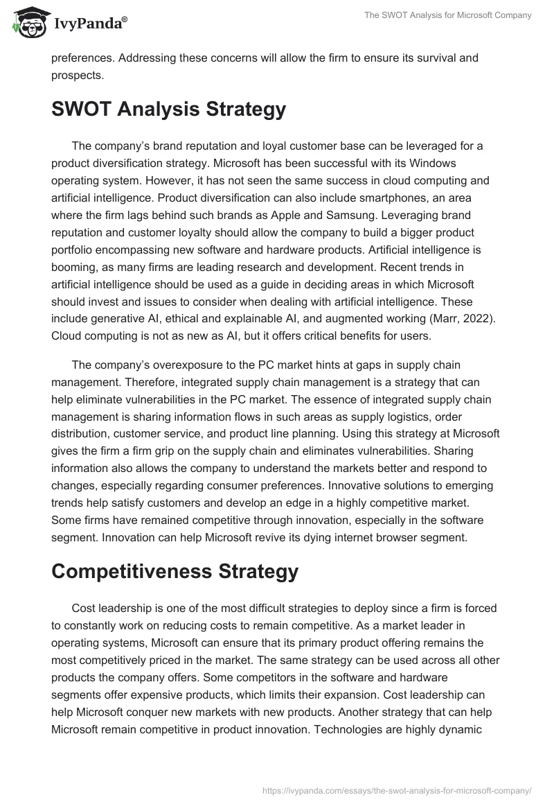 The SWOT Analysis for Microsoft Company. Page 2
