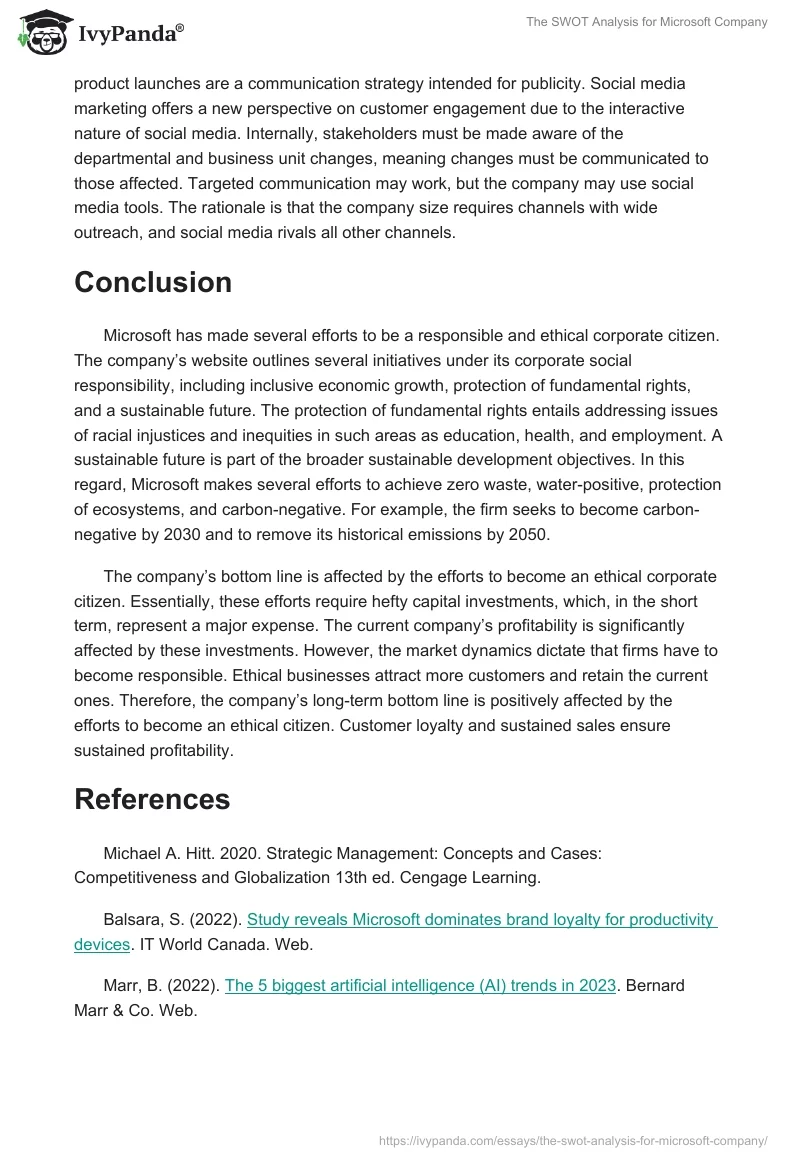 The SWOT Analysis for Microsoft Company. Page 4