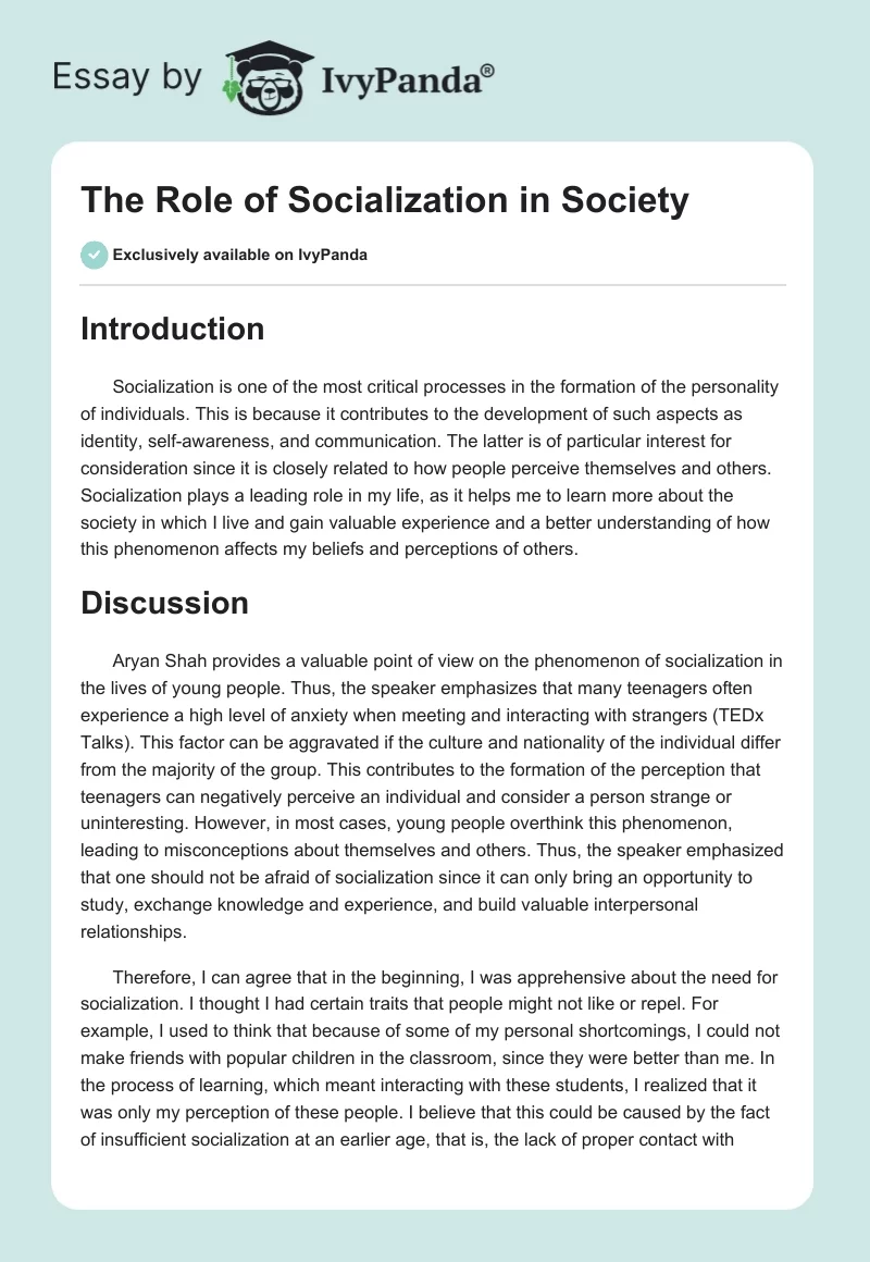 The Role of Socialization in Society. Page 1