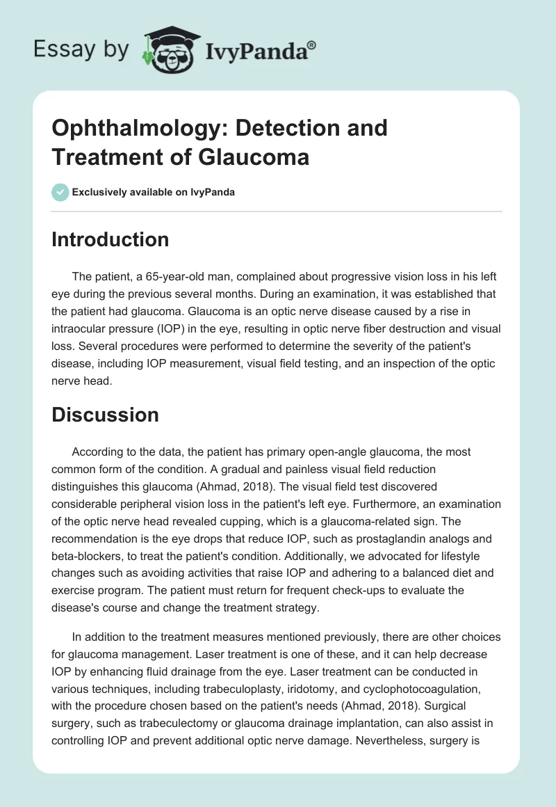 Ophthalmology: Detection and Treatment of Glaucoma. Page 1