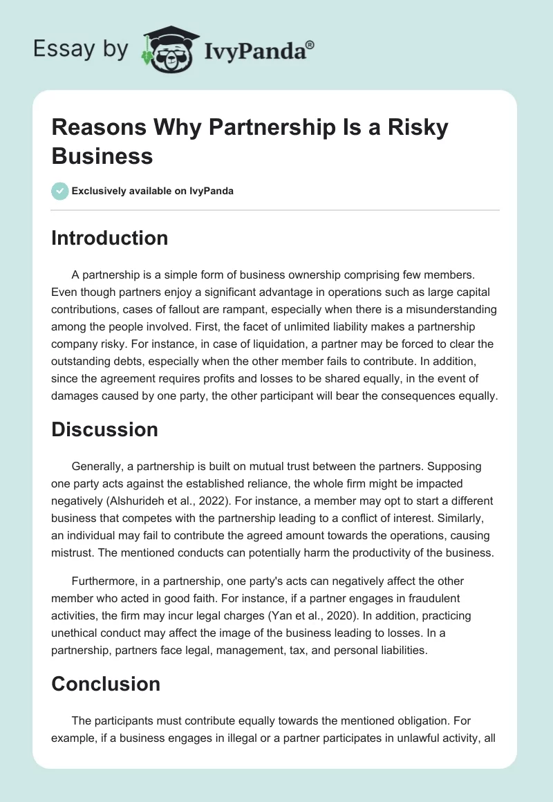Reasons Why Partnership Is a Risky Business. Page 1