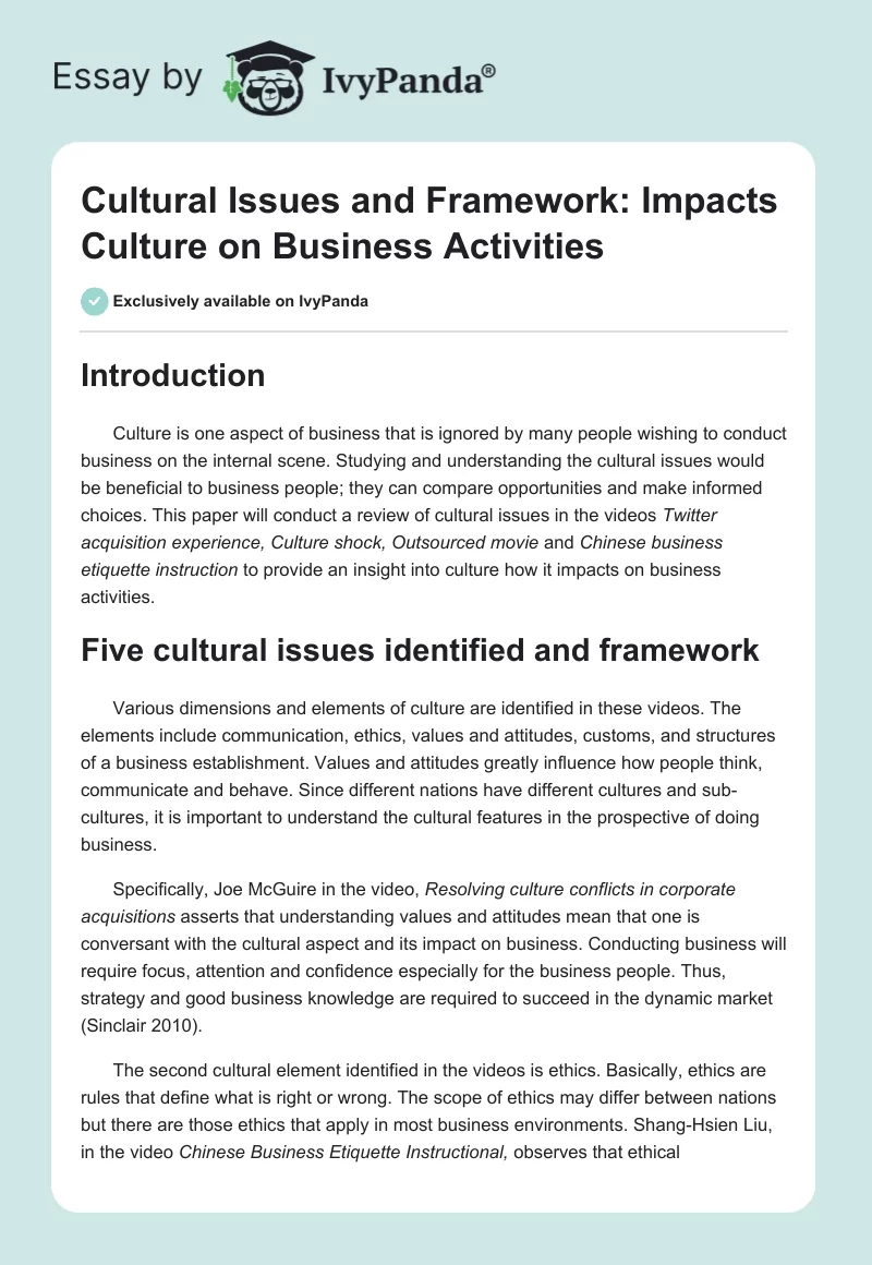 Cultural Issues and Framework: Impacts Culture on Business Activities. Page 1
