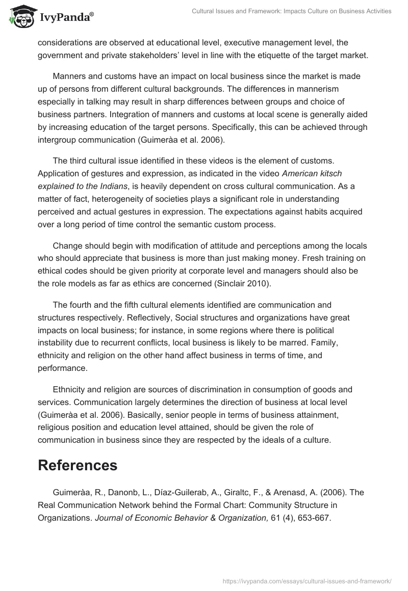 Cultural Issues and Framework: Impacts Culture on Business Activities. Page 2