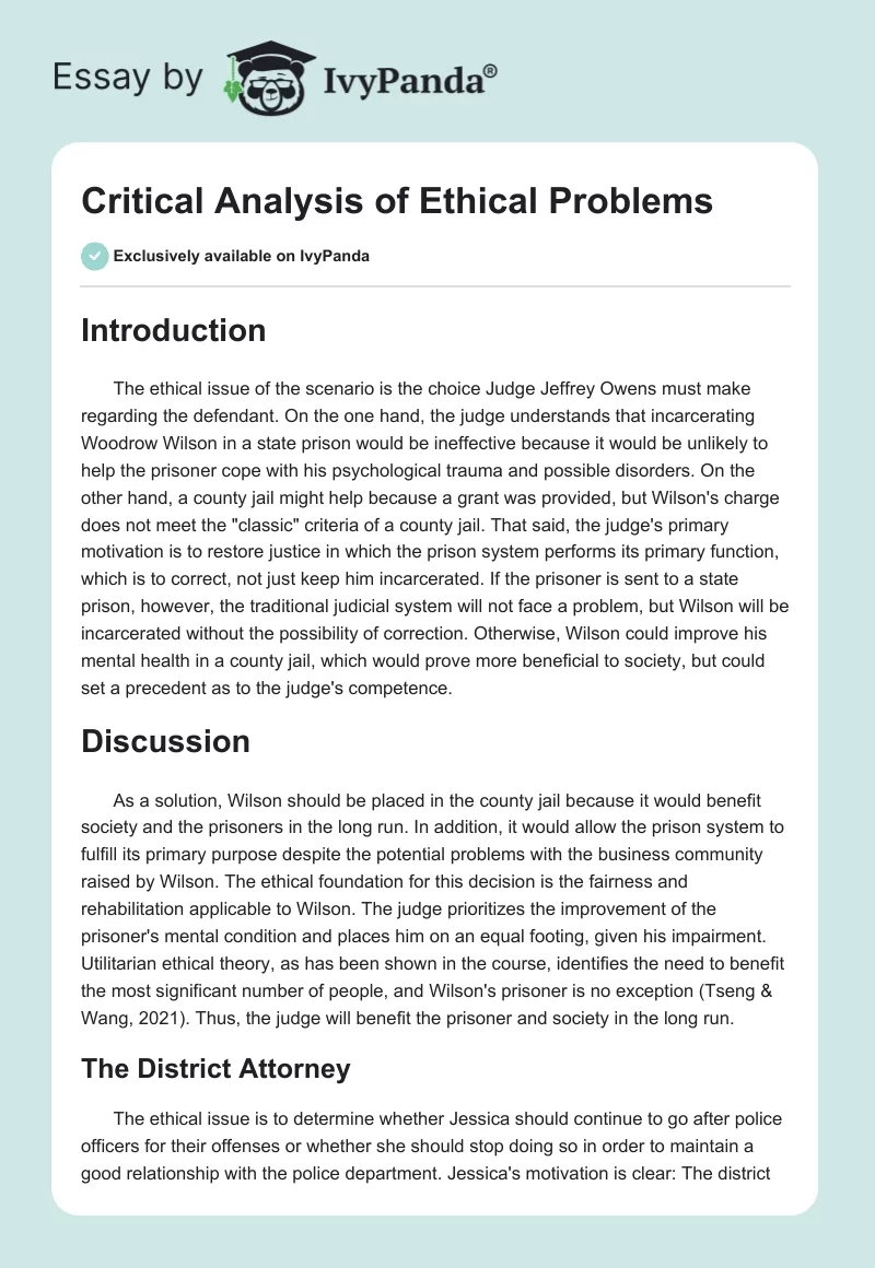 Critical Analysis of Ethical Problems. Page 1