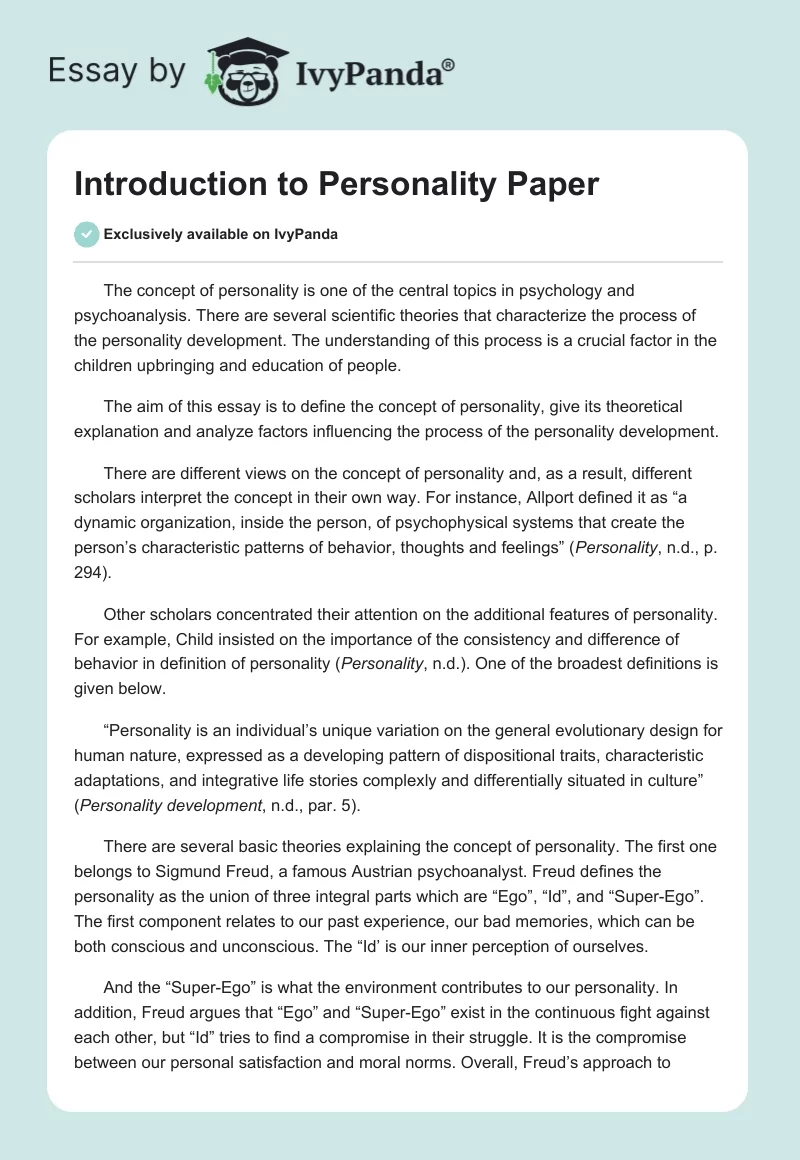 Introduction to Personality Paper. Page 1