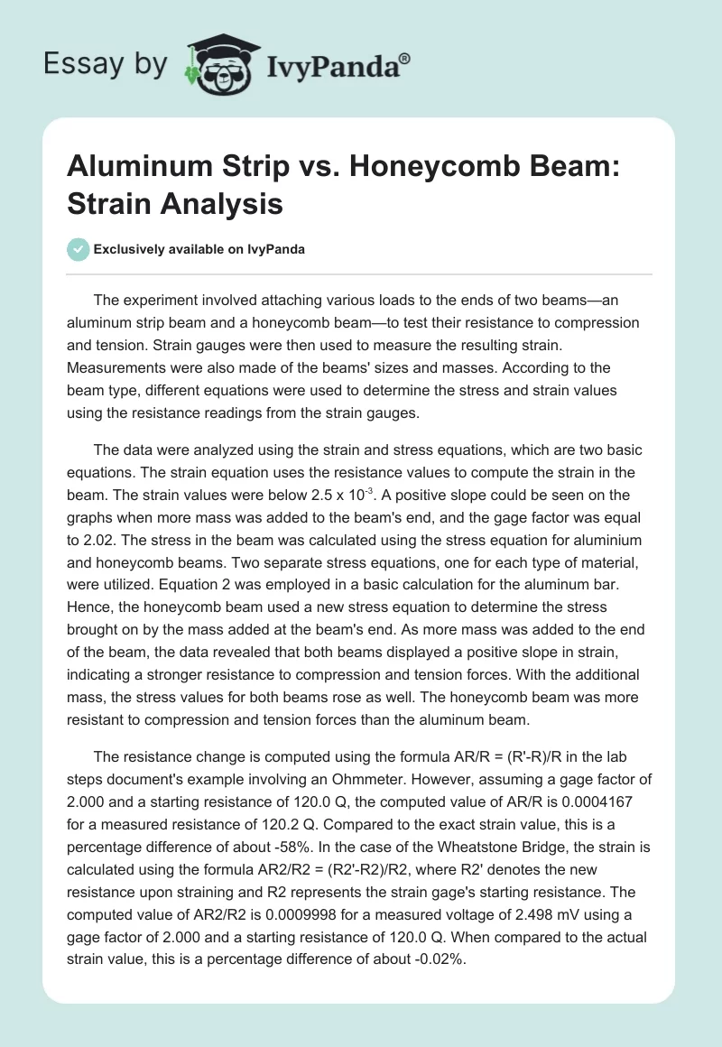 Aluminum Strip vs. Honeycomb Beam: Strain Analysis. Page 1