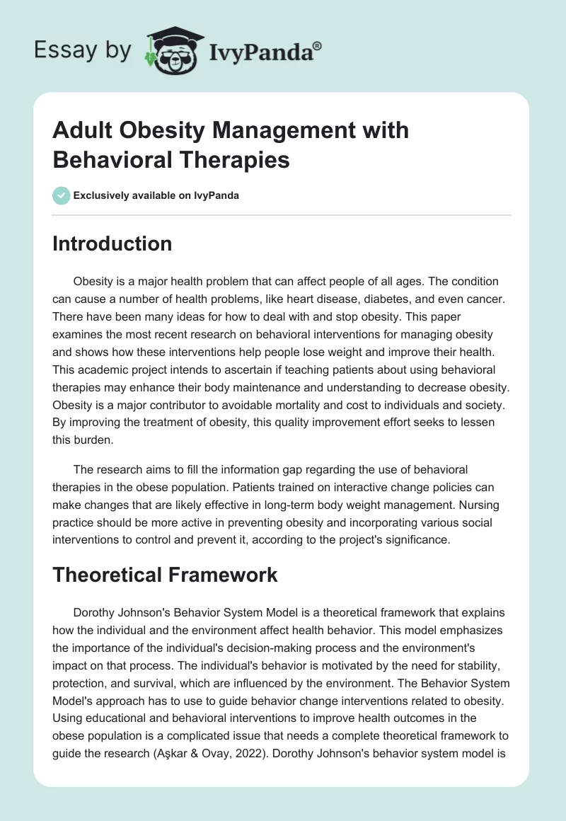 Adult Obesity Management with Behavioral Therapies. Page 1