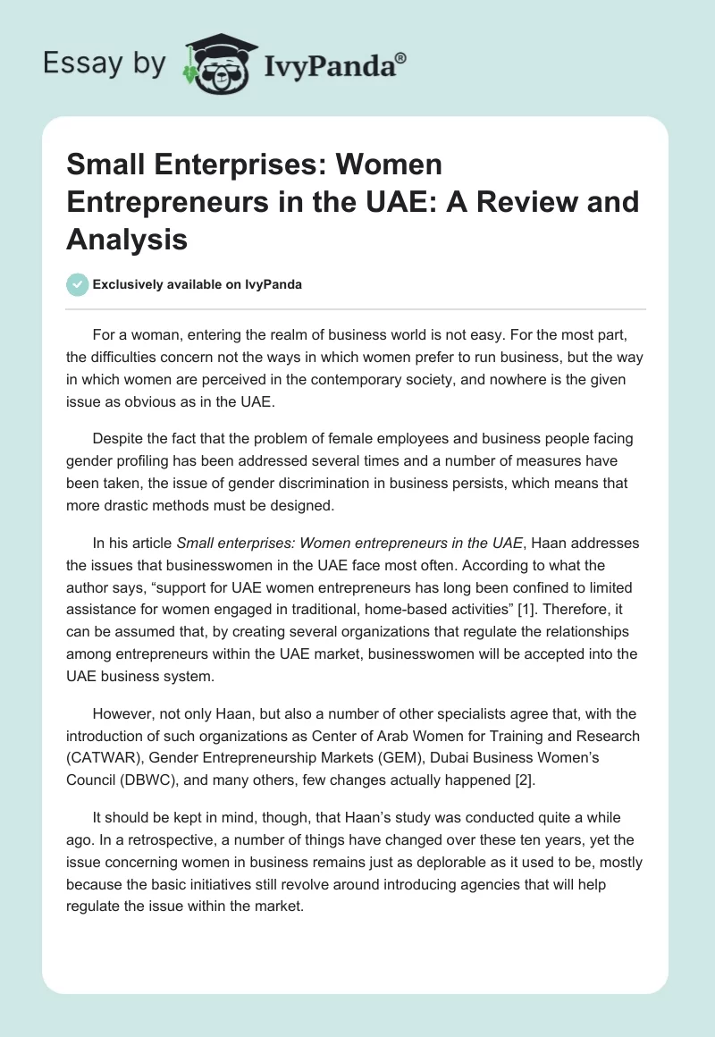 Small Enterprises: Women Entrepreneurs in the UAE: A Review and Analysis. Page 1