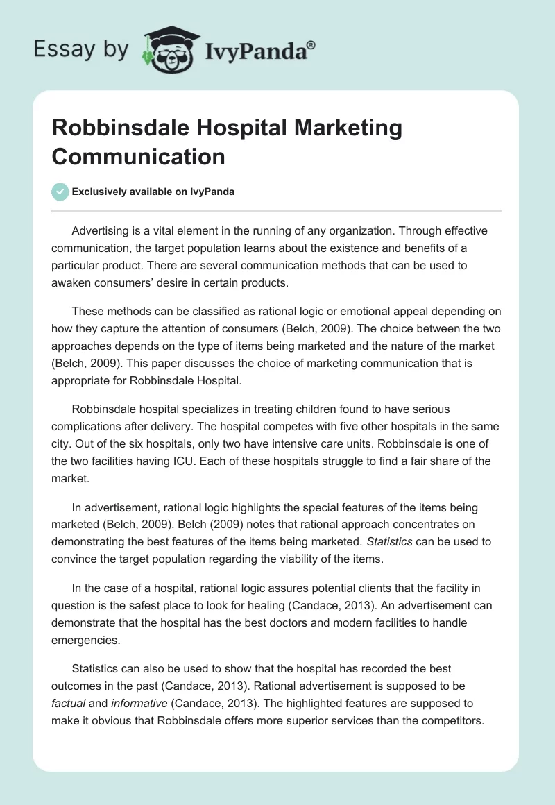 Robbinsdale Hospital Marketing Communication. Page 1