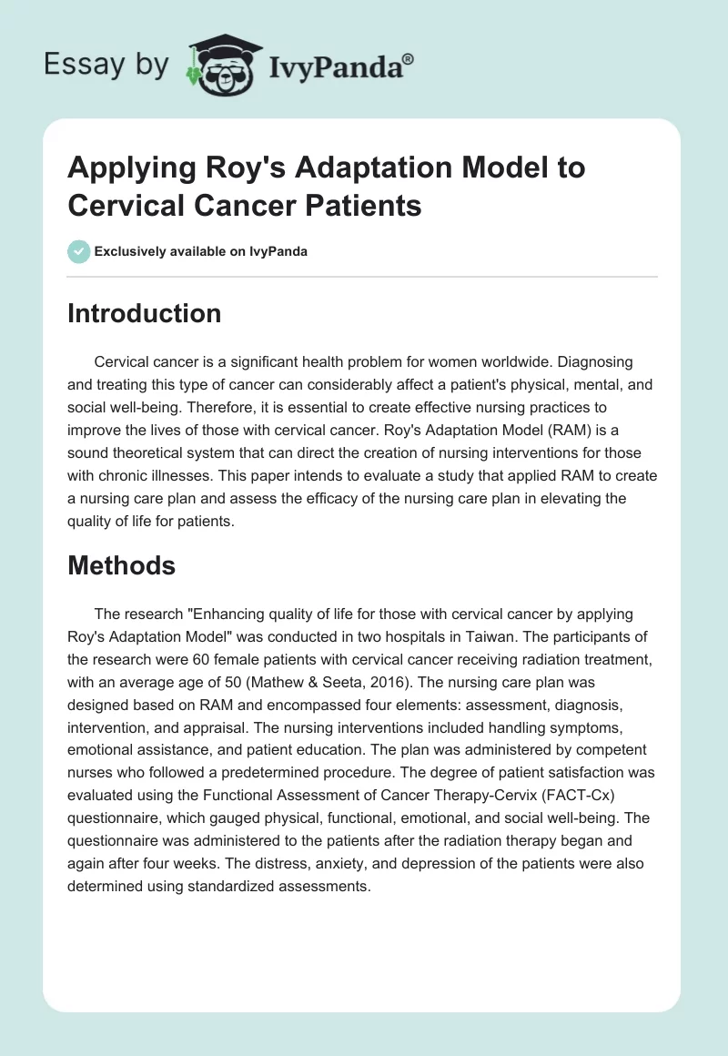 Applying Roy's Adaptation Model to Cervical Cancer Patients. Page 1