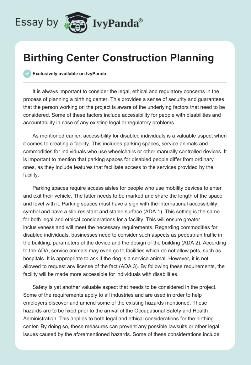 Birthing Center Construction Planning. Page 1