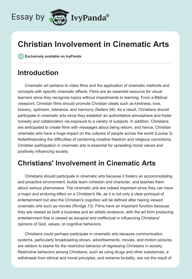 Christian Involvement in Cinematic Arts. Page 1