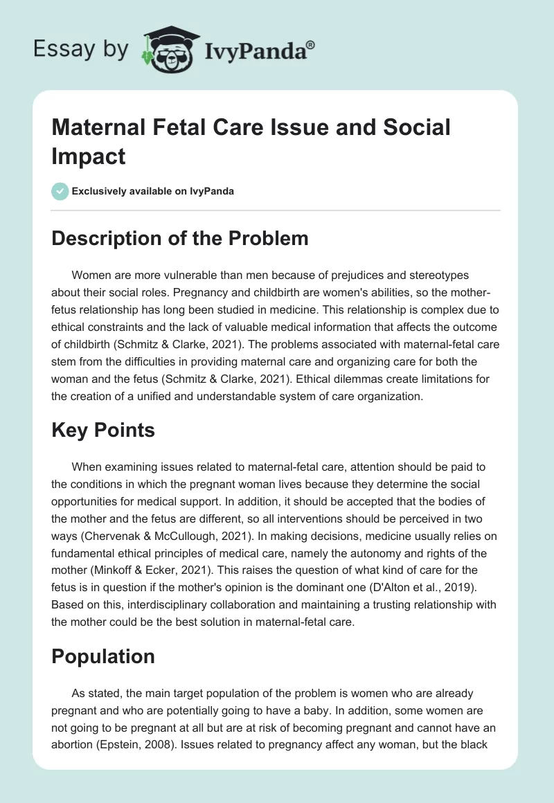 Maternal Fetal Care Issue and Social Impact. Page 1