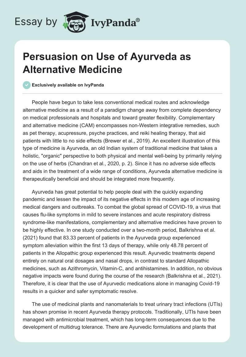 Persuasion on Use of Ayurveda as Alternative Medicine. Page 1