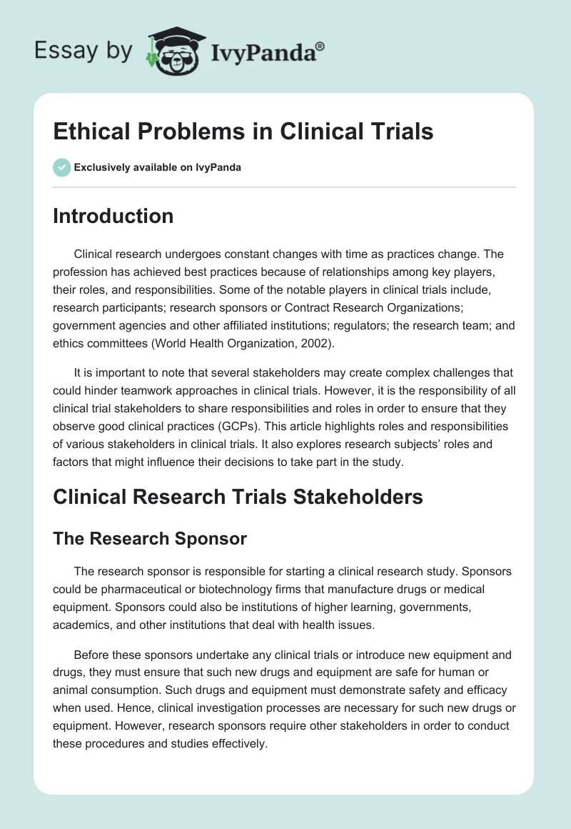 Ethical Problems in Clinical Trials. Page 1