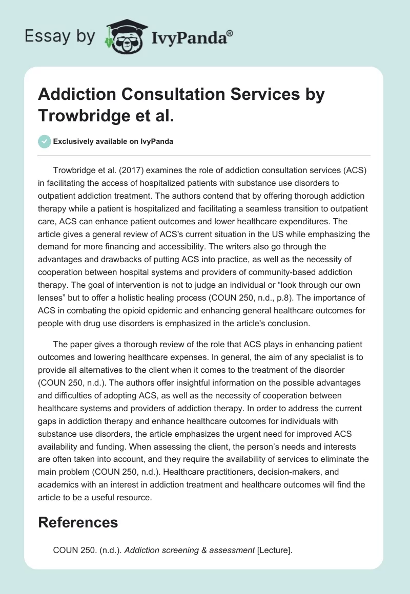 Addiction Consultation Services by Trowbridge et al.. Page 1