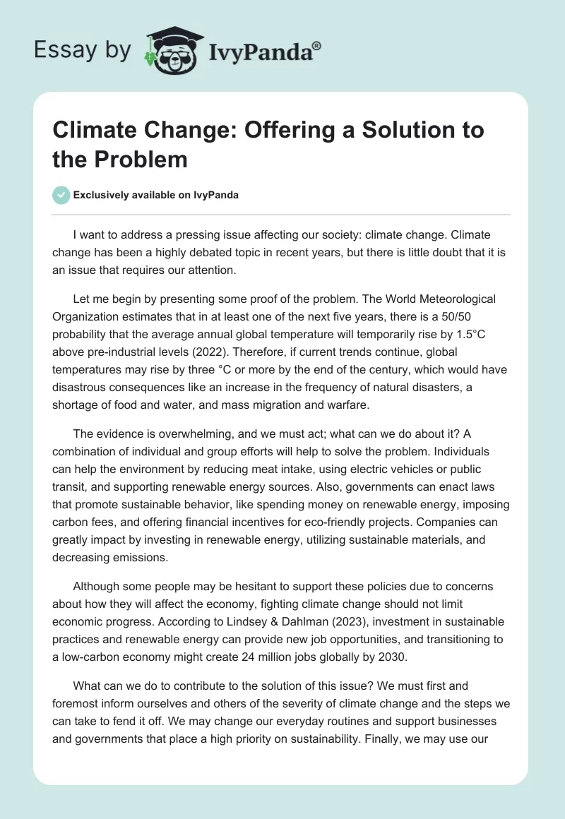 Climate Change: Offering a Solution to the Problem. Page 1