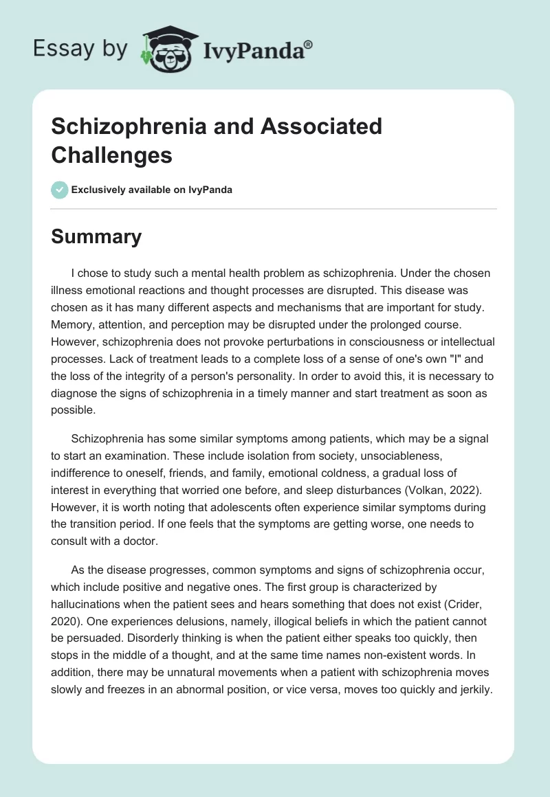 Schizophrenia and Associated Challenges. Page 1