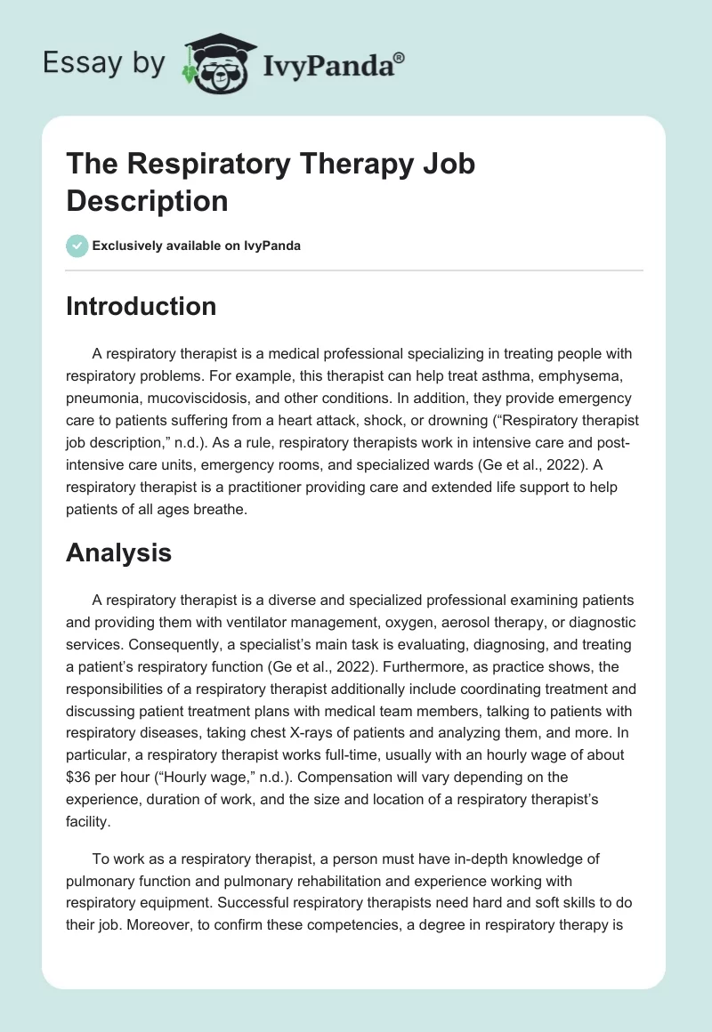 The Respiratory Therapy Job Description. Page 1