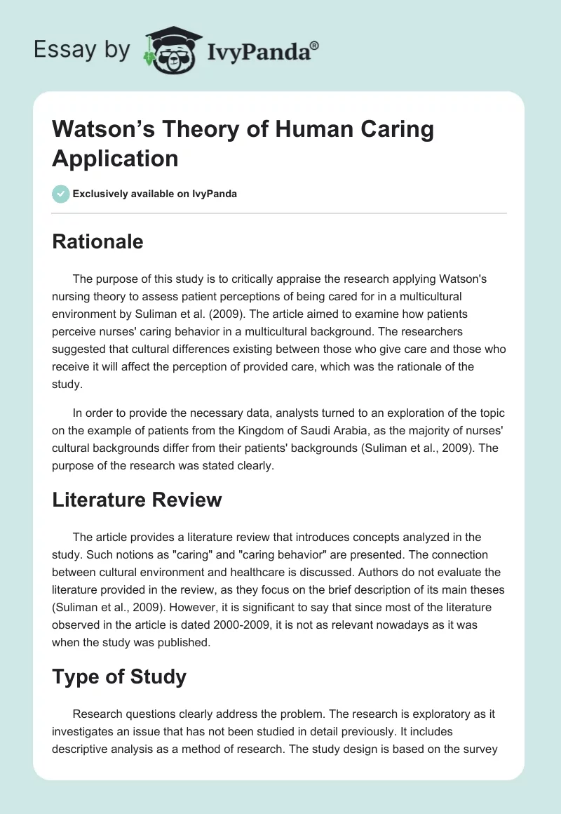 Watson’s Theory of Human Caring Application. Page 1