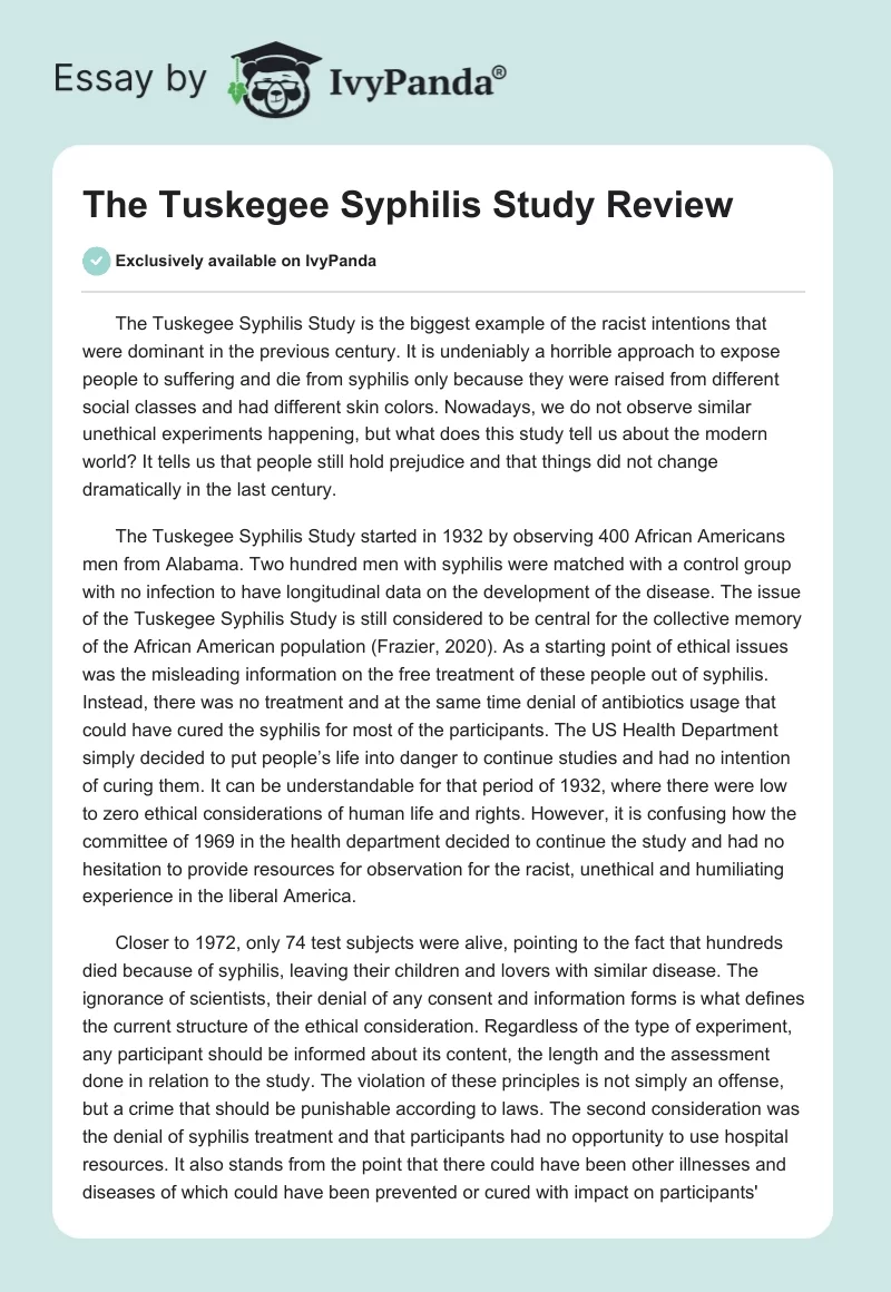 The Tuskegee Syphilis Study Review. Page 1