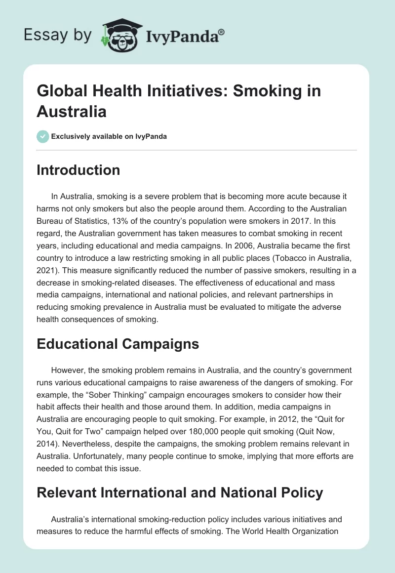 Global Health Initiatives: Smoking in Australia. Page 1
