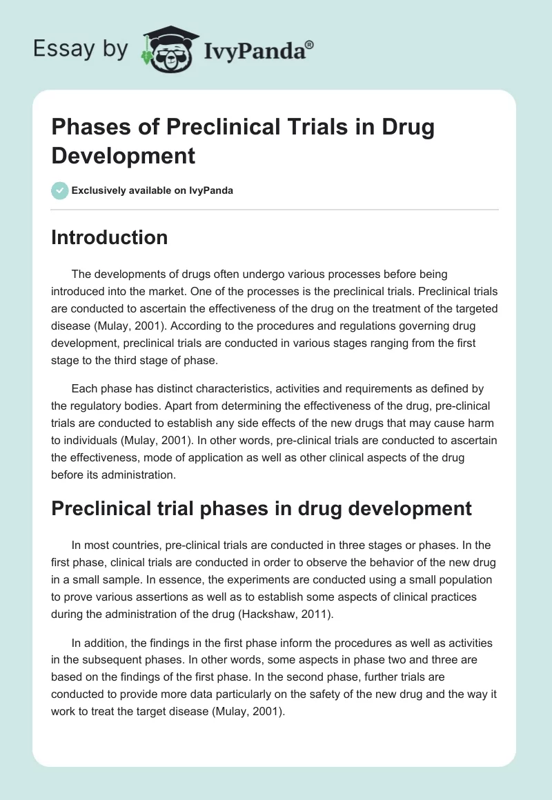 Phases of Preclinical Trials in Drug Development. Page 1