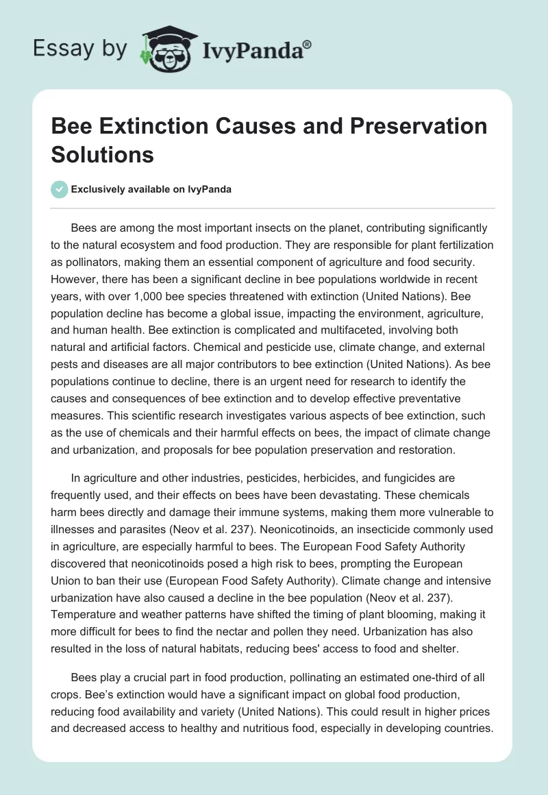 Bee Extinction Causes and Preservation Solutions. Page 1