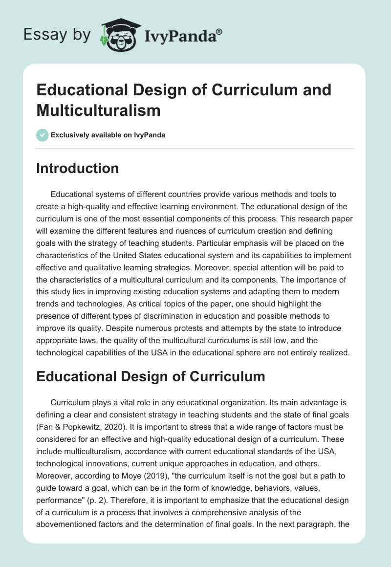 Educational Design of Curriculum and Multiculturalism. Page 1
