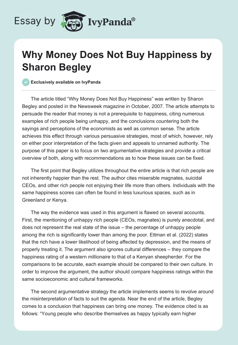 "Why Money Does Not Buy Happiness" by Sharon Begley. Page 1