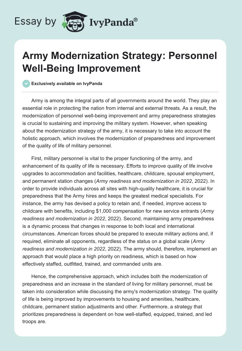 Army Modernization Strategy: Personnel Well-Being Improvement. Page 1