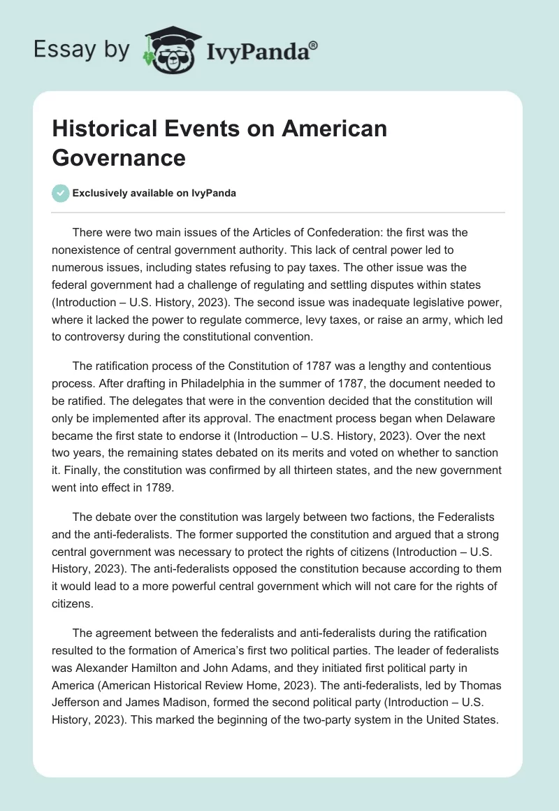 Historical Events on American Governance. Page 1