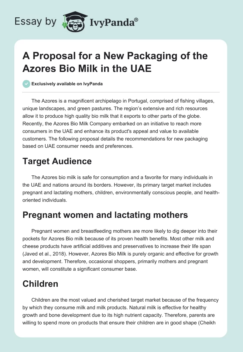 A Proposal for a New Packaging of the Azores Bio Milk in the UAE. Page 1
