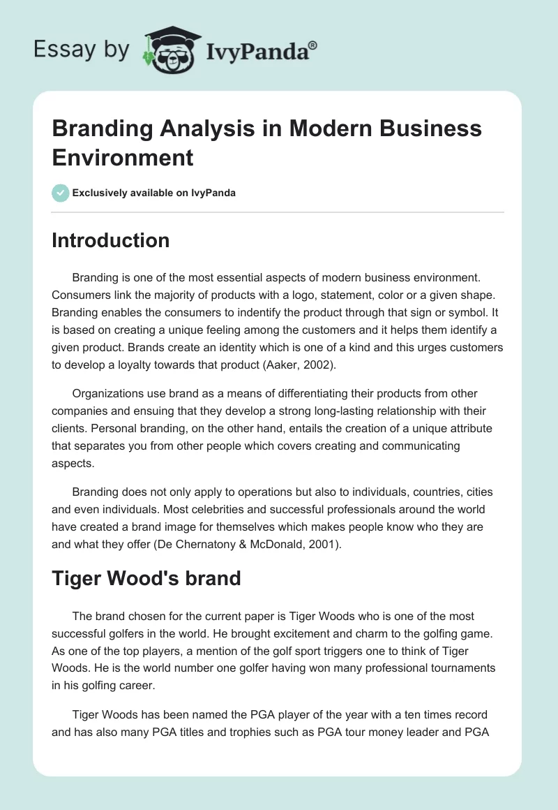 Branding Analysis in Modern Business Environment. Page 1