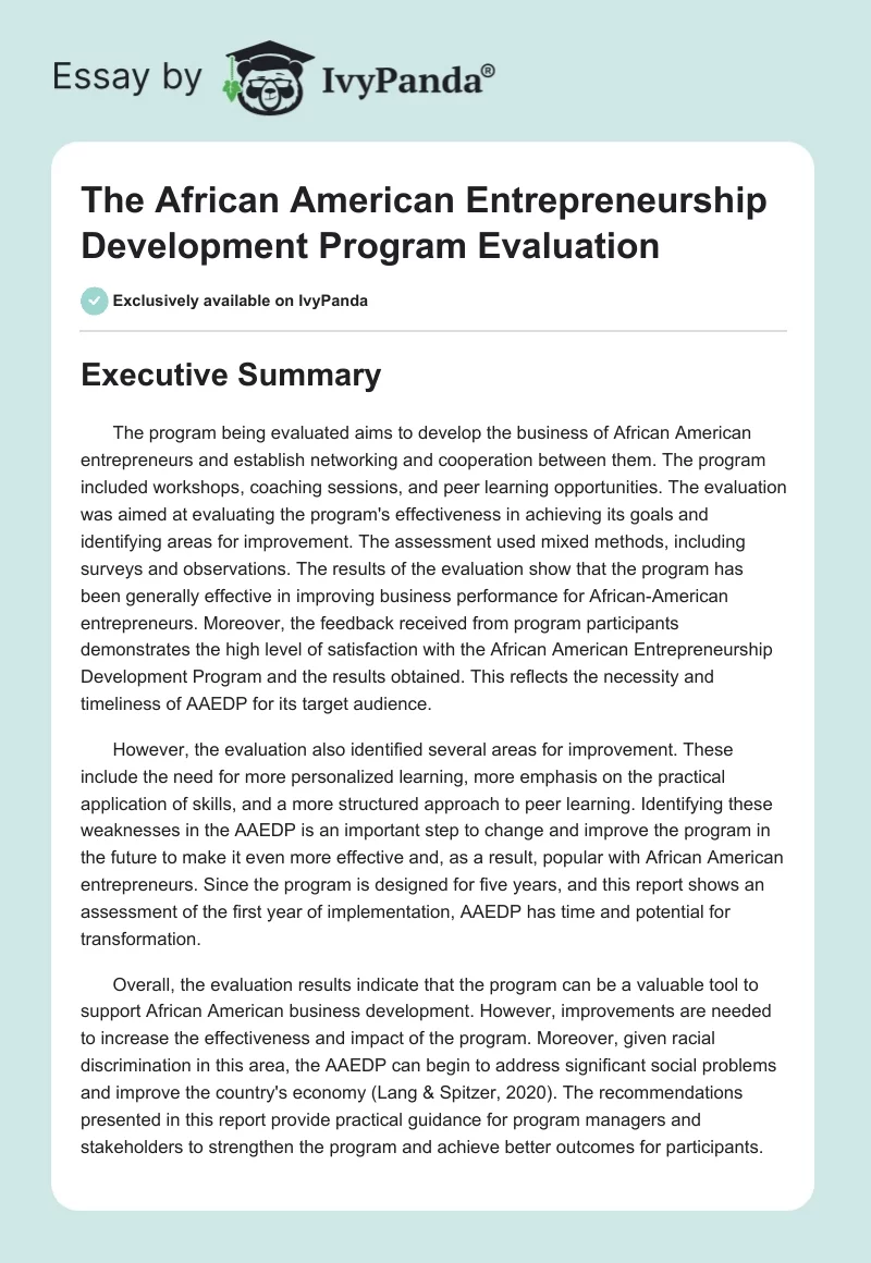 The African American Entrepreneurship Development Program Evaluation. Page 1