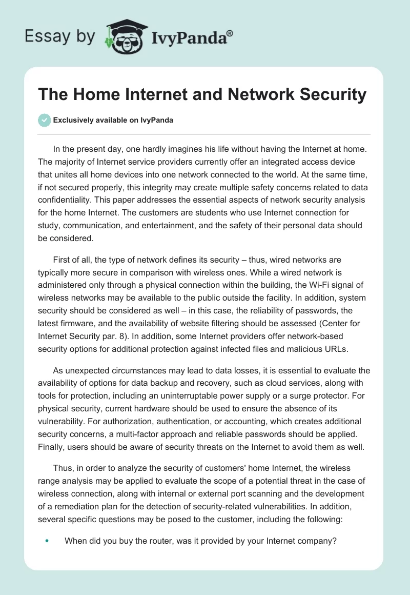 The Home Internet and Network Security. Page 1