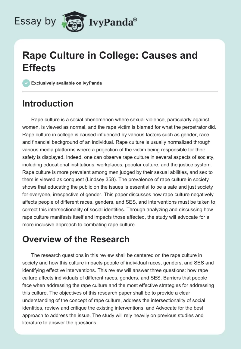 Rape Culture in College: Causes and Effects. Page 1