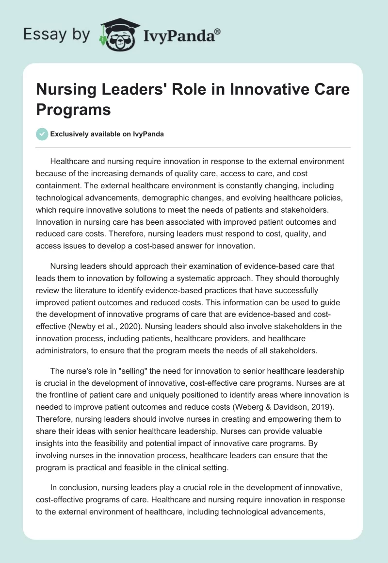 Nursing Leaders' Role in Innovative Care Programs. Page 1