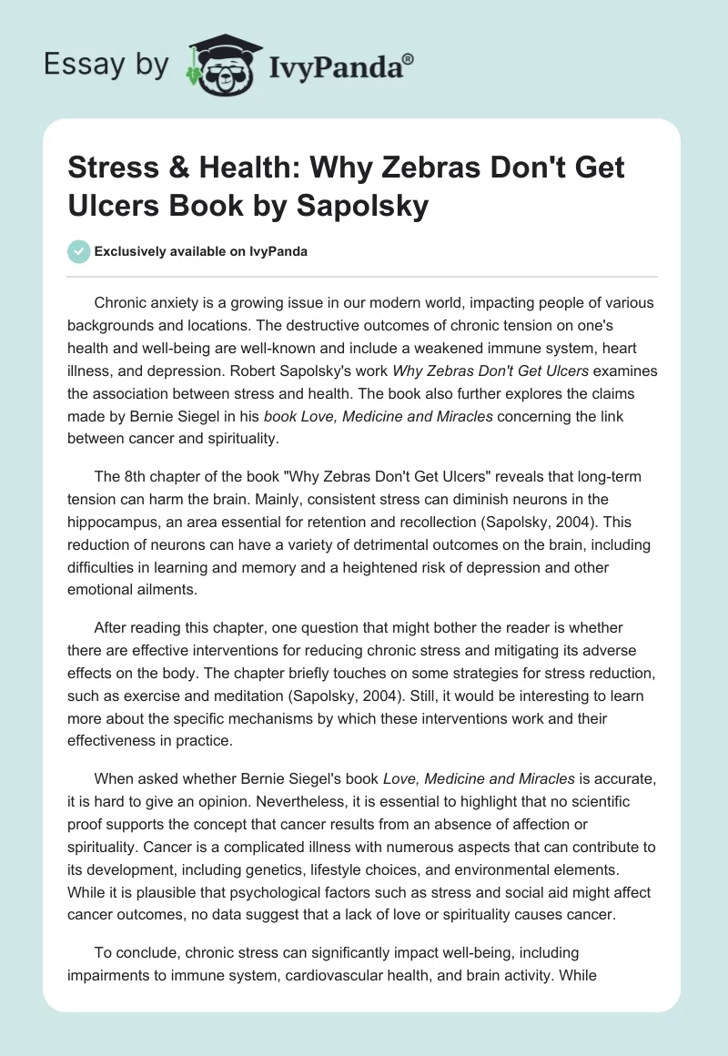 Stress & Health: "Why Zebras Don't Get Ulcers" Book by Sapolsky. Page 1
