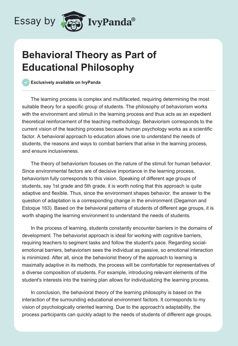 Behavioral Theory as Part of Educational Philosophy. Page 1