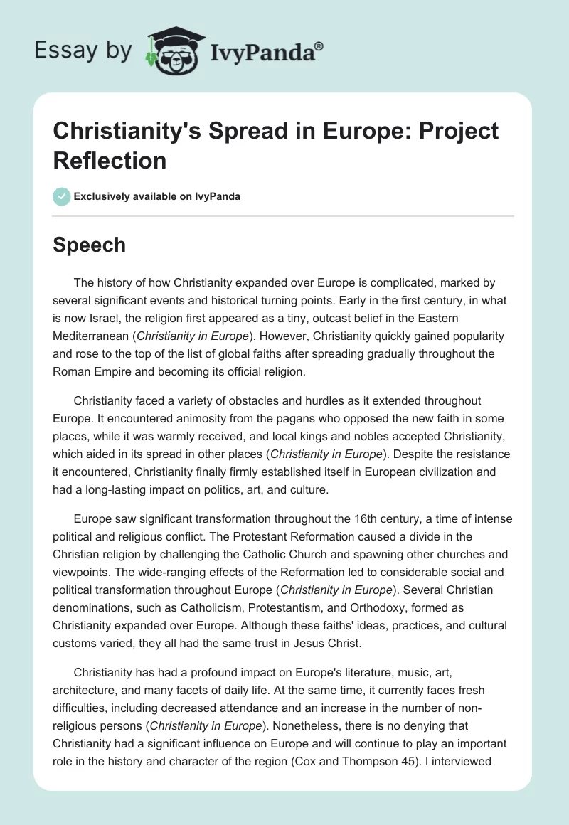 Christianity's Spread in Europe: Project Reflection. Page 1