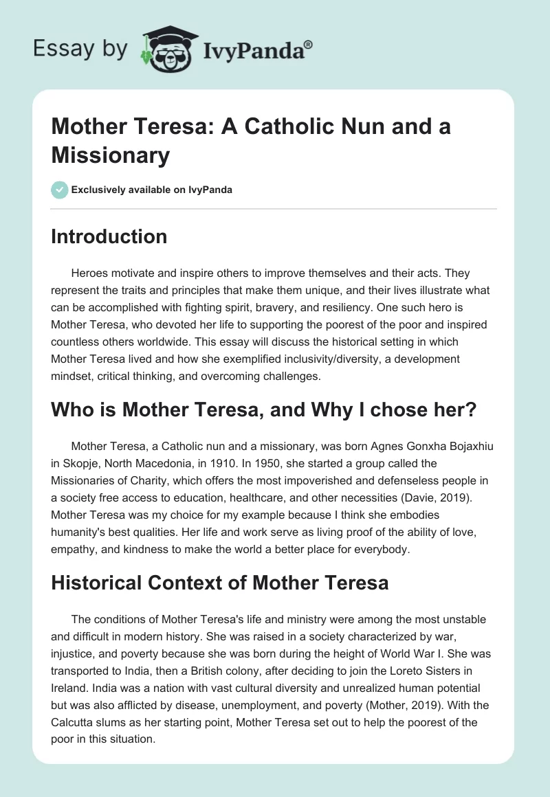 Mother Teresa: A Catholic Nun and a Missionary. Page 1