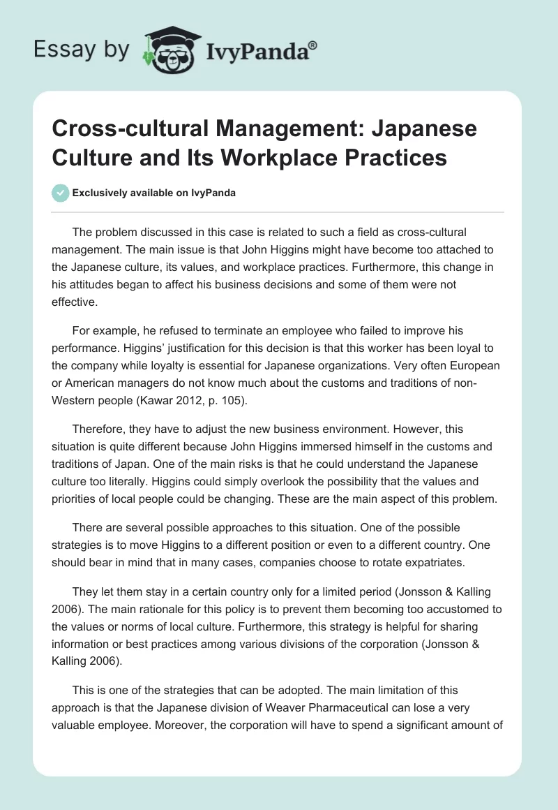 Cross-Cultural Management: Japanese Culture and Its Workplace Practices. Page 1